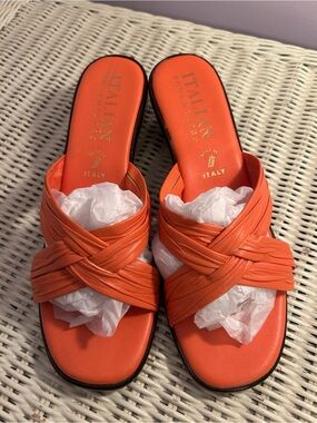 Italian Shoemakers Orange Leather Wedge Slide Sandals Italy Size 8 Boho